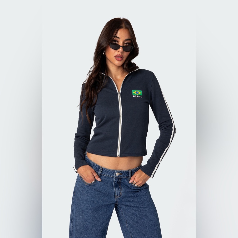 Edikted Brasil Brazil Zip Up Sweatshirt navy size XS